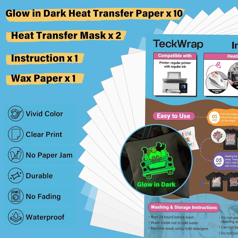 TECKWRAP Printable Heat Transfer Paper for T-Shirts 10 Sheets, 8.3" X 11.7" Printable Heat Transfer Vinyl for Inkjet Printer, Iron on Transfer Paper for Light and Dark Fabric (Glow in Dark) - Image 2
